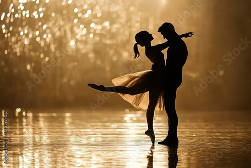 Silhouette of a ballet dancer lifting their partner in an elegant pose