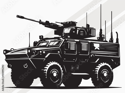 Military Armored Vehicle Silhouette Black Vector Illustration, Armored Military Vehicle with Advanced Tactical Equipment for Defense Operations
