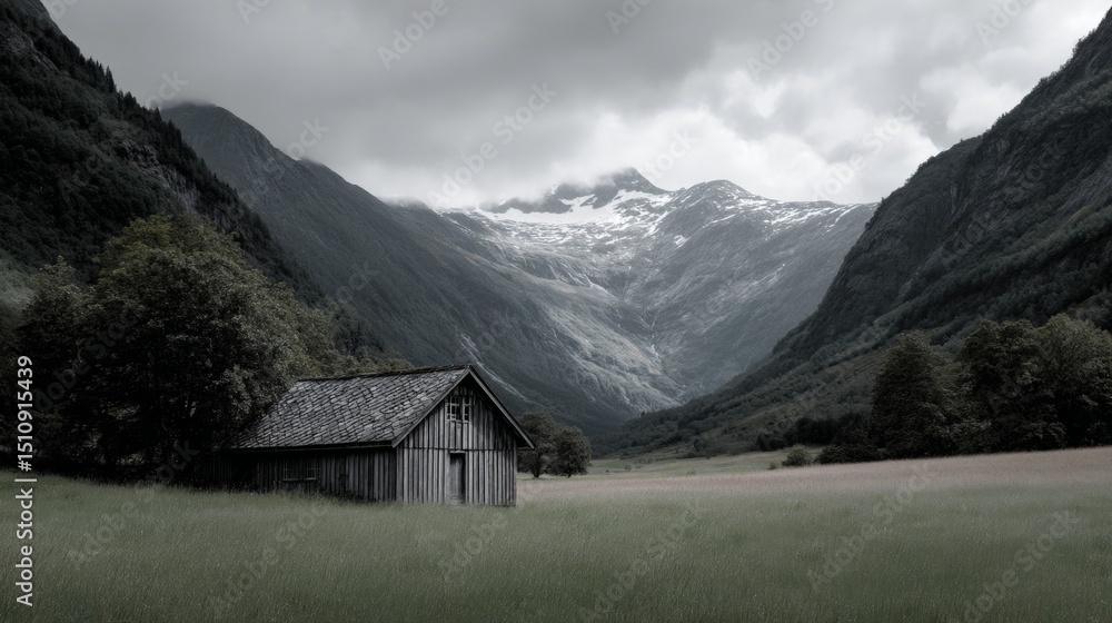 Obraz premium Rural village in snow-capped valley, with wooden houses and overcast sky.