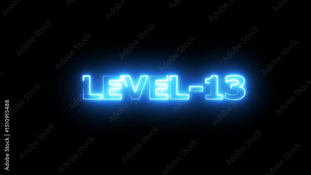 Level 13 text font with neon light. Level Up neon sign. neon letters spelling out level Up appear on screen display animation. Level 13 text font with neon light. Level Up neon sign. neon letters spelling out level Up appear on screen display animation.