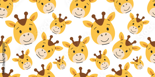 Cute giraffe head seamless pattern in flat cartoon style, featuring smiling giraffe faces with expressive eyes and gentle color tones. Ideal for kids' products, nursery decor, back to school designs.