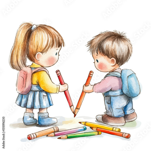 Kids Drawing With Crayons, watercolor illustration vector, high quality, isolated on a white background.