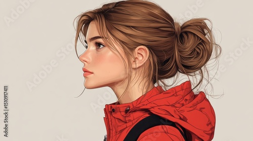 Woman profile, red jacket,  stylish bun,  soft light background.  Use fashion,  social media photo