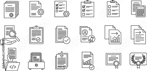 Document set of web icons in line style. Documents linear icon collection. Containing contract papers, folder, certificate, accept, approved, clipboard, invoice, archive and more. Editable stroke.