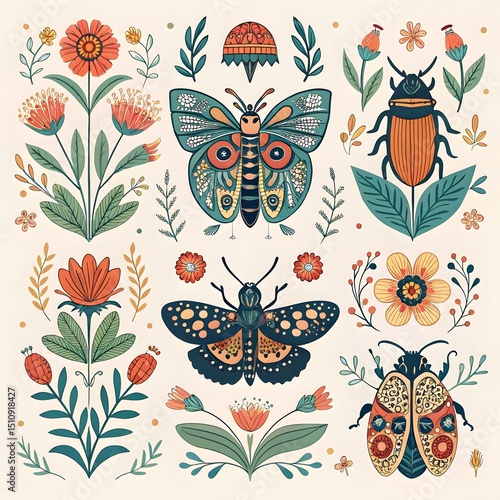“Folk art illustration of colorful beetles and butterflies surrounded by floral patterns.”

