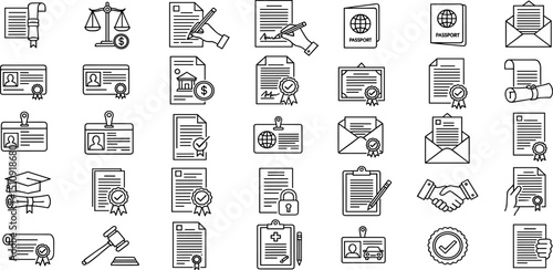 Legal documents set of web icons in line style. Document linear icons collection. Containing passport, contract, agreement, ID card, certificate, license, law, justice. Editable stroke.