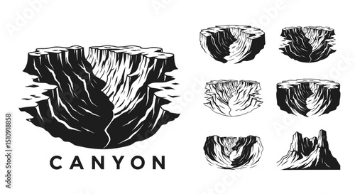 Canyon Vector Illustrations: A collection of detailed, monochrome vector illustrations of a canyon, ideal for use in various design projects. Capturing a scenic landscape, for graphic design.