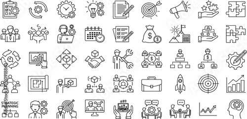Project management set of web icons in line style. Business or organisation management icons for web and mobile app. Time management, planning, project, startup, marketing. Vector illustration.