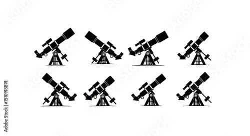Telescope Array on Clean Canvas: A minimalist array of black silhouette telescope icons, poised and ready for astronomical discovery on a clean canvas.