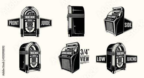 Vintage Jukebox Views: A set of black and white illustrations showcases the classic design of a vintage jukebox from various angles.