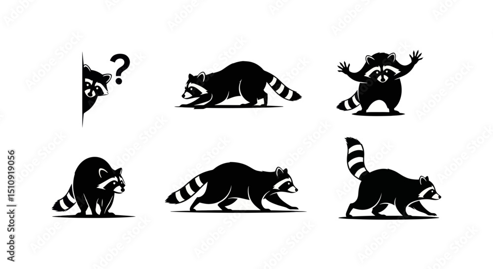 Obraz premium Playful Raccoon Silhouettes: A collection of charming, stylized illustrations showcasing various poses of raccoons, capturing their mischievous nature and endearing charm in a clean, graphic style.