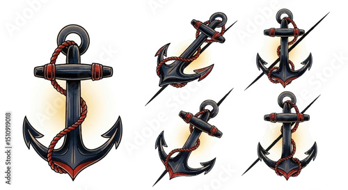 Naval Anchor Collection: A collection of stylized naval anchors, each showcasing a nautical aesthetic with a distinct artistic flair and visual versatility.