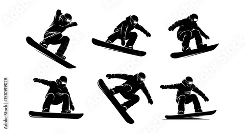 Snowboarder Silhouette Set: A dynamic collection of snowboarder silhouettes in mid-air, a stunning display of winter action and skillful snowboarding maneuvers.