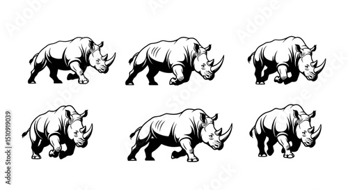 Rhino in Motion: A striking series of black and white illustrations captures the robust form and powerful stance of rhinoceros, a symbol of resilience and the wild.