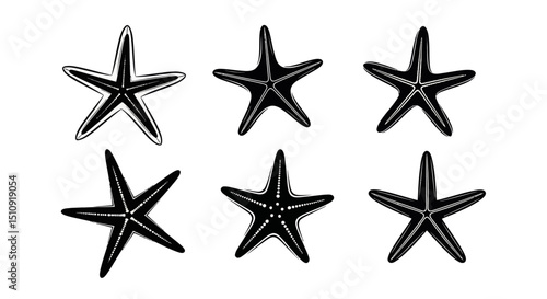 Starfish: A collection of black starfish silhouettes, capturing the serene elegance of marine life and coastal ecosystems in graphic detail. 