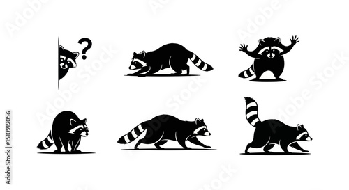 Playful Raccoon Silhouettes: A collection of charming, stylized illustrations showcasing various poses of raccoons, capturing their mischievous nature and endearing charm in a clean, graphic style.