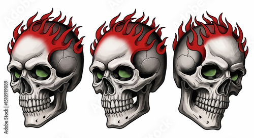 Burning Skulls: An artistic and dramatic composition of three intricately designed skulls, each crowned with vibrant flames. The macabre artwork, a testament to dark artistry.