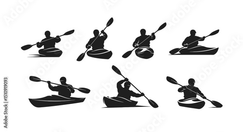 Kayaking Silhouette Series: A collection of silhouetted figures engage in the thrilling water sport of kayaking. Each image showcases dynamic movement and skill.