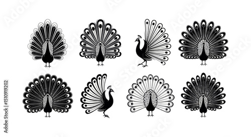 Elegant Peacock Array: A collection of monochrome illustrations showcases the exquisite form of the peacock, a symbol of beauty, grace, and pride, in various poses and displays.