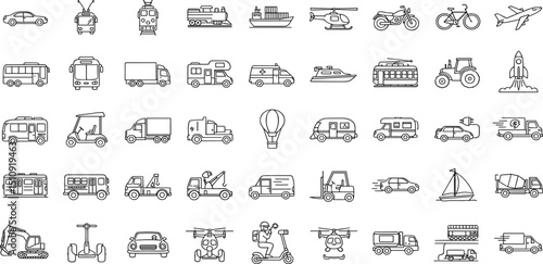 Transport set of web icons in linear style. Transport, vehicle and delivery icons for web and mobile app. Public transport, car, bike, train, bicycle, plane, bus, metro, ship, bulldozer, helicopter