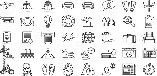 Travel and Tourism icon set with editable stroke. Travel and vacation thin line icon collection. Vector illustration