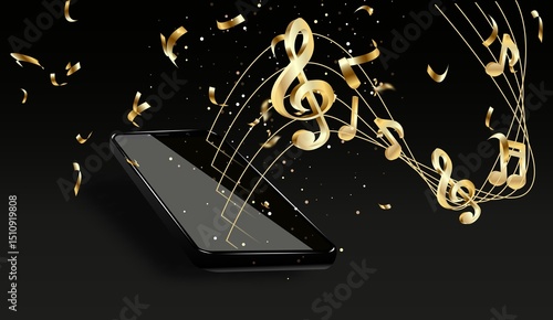 Gold Music notes and mobile phone, on a black background.