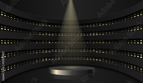 3D abstract studio room with pedestal podium. black geometric platform with golden glitter in rectangle shape backdrop.
