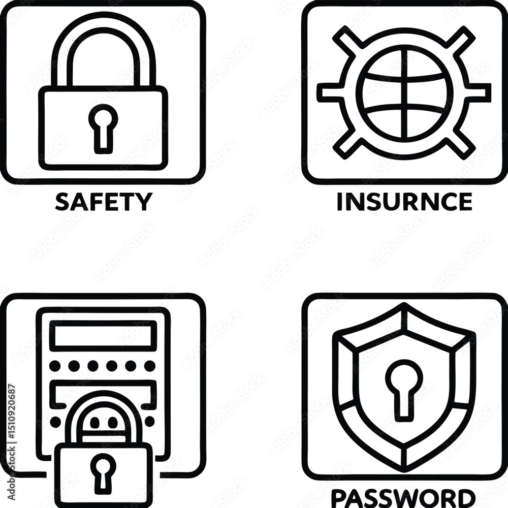 Obraz premium Security Icons Set Safety Insurance Password and Digital Lock in Outline Style