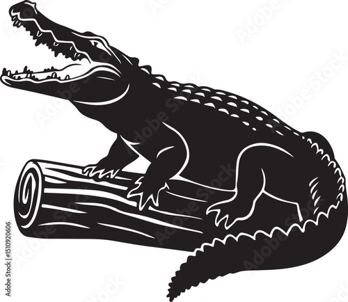 A bold black and white silhouette vector illustration of a crocodile resting atop a large log.
