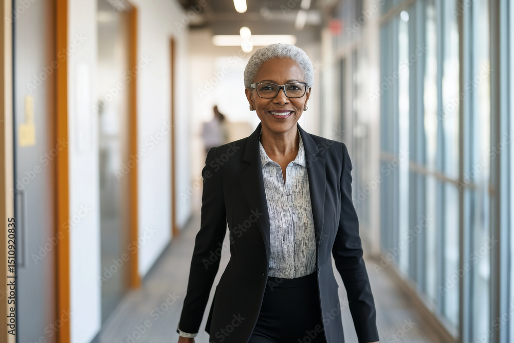 Elderly African-American businesswoman walking through an office corridor greeting employees, projecting warmth and leadership, walls lined with company achievements Elderly African-American businesswoman walking through an office corridor greeting employees, projecting warmth and leadership, walls lined with company achievements