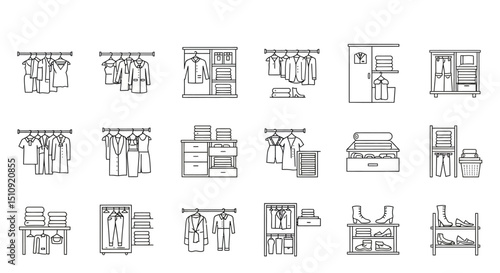 Minimalist vector line icons depicting organized clothing storage solutions for stylish and efficient wardrobe management
