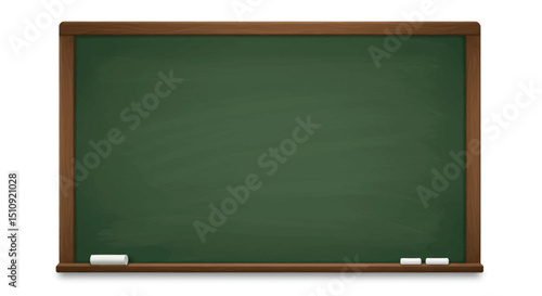 A realistic green blackboard in a wooden frame. Chalk board that has been wiped and is blank
