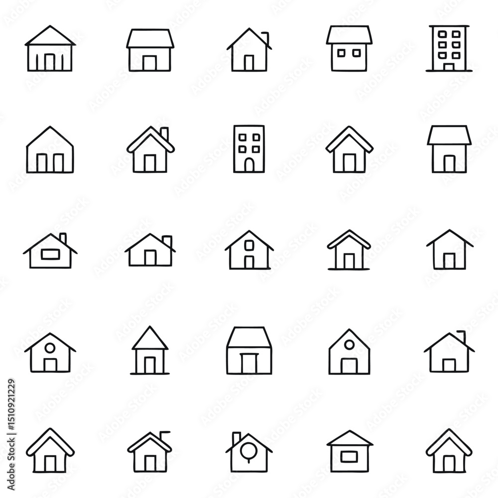 Collection of Simple House and Building Icons in Black and White Collection of Simple House and Building Icons in Black and White