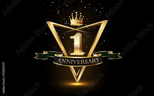 1 year anniversary celebration. Anniversary logo with ring and elegance golden color isolated on black background.