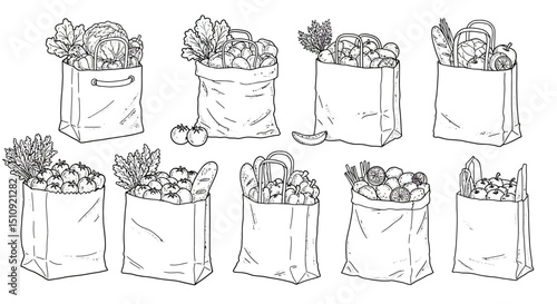 Variety of grocery bags filled with fresh produce and fruits displayed in a simple artistic rendering. in black and white vector design

