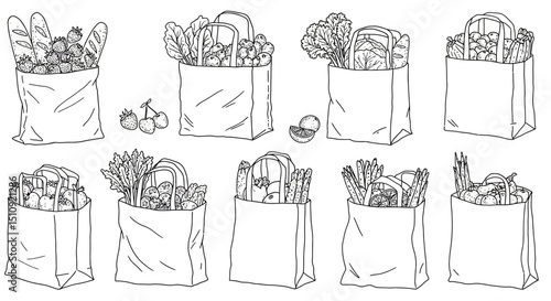 Variety of grocery bags filled with fresh produce and fruits displayed in a simple artistic rendering. in black and white vector design

