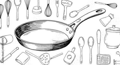 frying pan, kitchenware, cooking utensils, black and white illustration, vector
