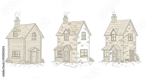 Minimalist line art cottage, vintage country house and sweet home vector doodle illustration set
