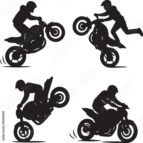 Black and white motorcycle various stunt rider silhouettes designs and extreme sports