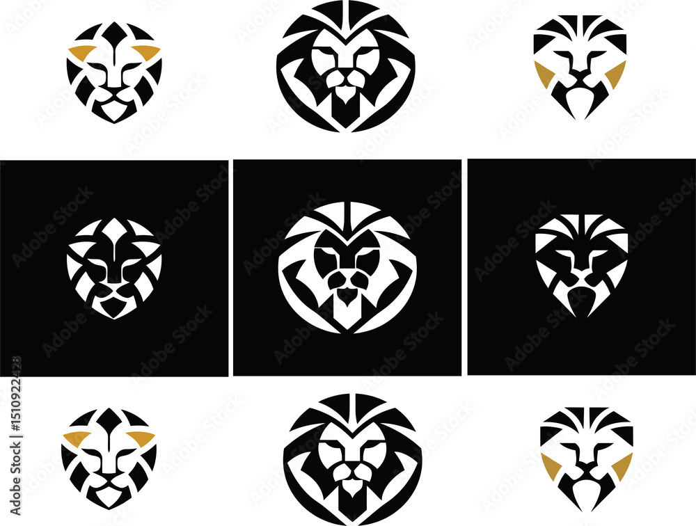 Fototapeta premium Lion face vector icon pack with multiple styles flat, line art, and button on white.