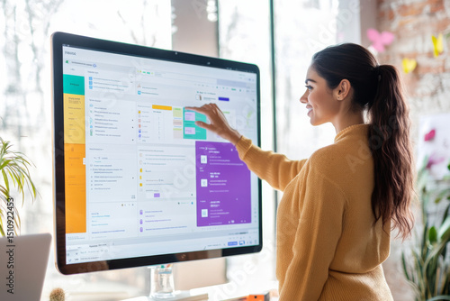 Young adult Hispanic woman updating a team Trello board with new priorities, standing confidently by a smartboard filled with colored tasks