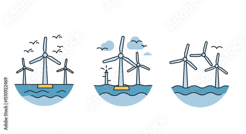 Wind turbine icons illustrating renewable energy generation over water with simplified designs, in black and white
