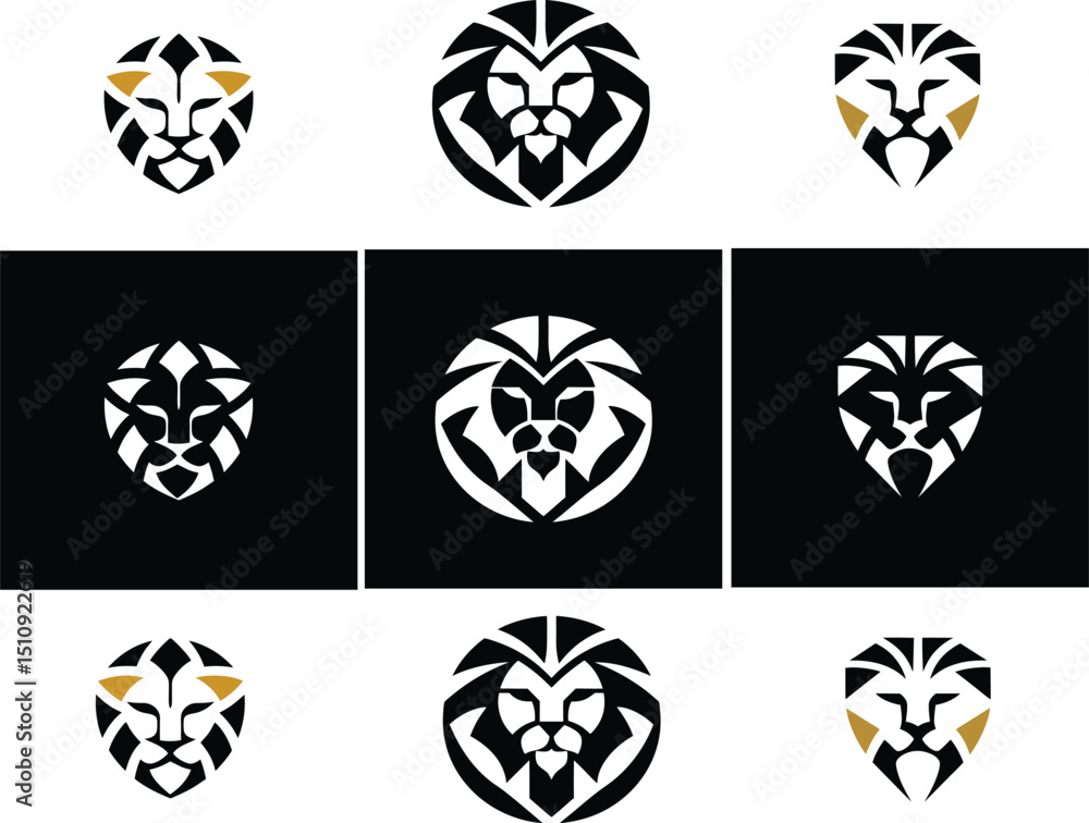 Obraz premium Lion face vector icon pack with multiple styles flat, line art, and button on white.