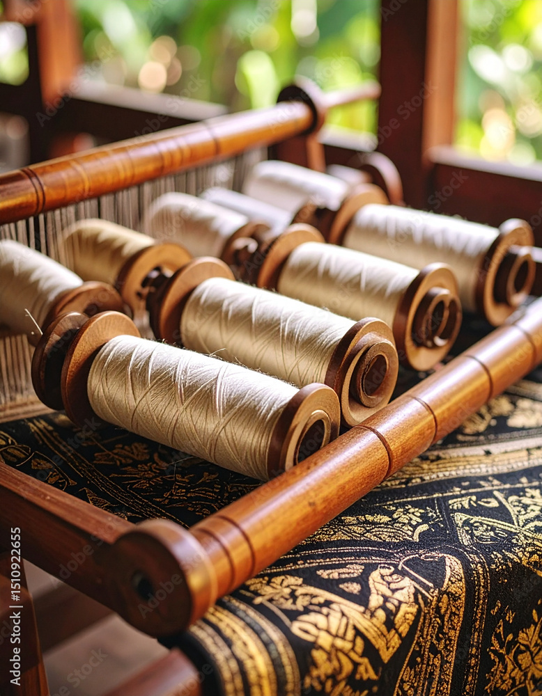 Traditional Cambodian silk threads neatly spooled in a wooden loom on a patterned fabric roll. Traditional Cambodian silk threads neatly spooled in a wooden loom on a patterned fabric roll.