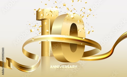Anniversary 10. gold 3d numbers. Poster template for Celebrating 10th anniversary event party. illustration