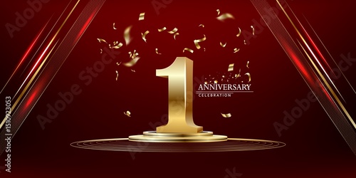1 golden number and Anniversary Celebrating text with golden serpentine and confetti on red background.