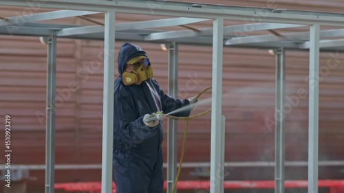 Worker sprays metal structure in industrial workshop during daytime production process