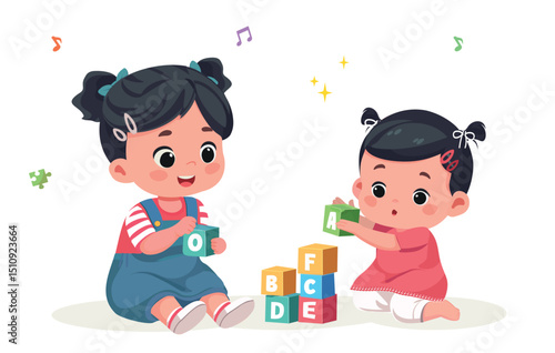cute little kid baby girl playing with colorful bricks cartoon vector illustration