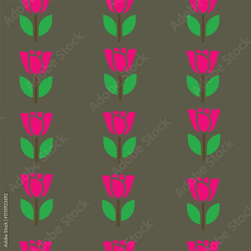 A striking repeating pattern featuring bright pink tulips with green leaves against a deep dark background. This lively design is perfect for textiles, home decor, and any project that needs a bold.