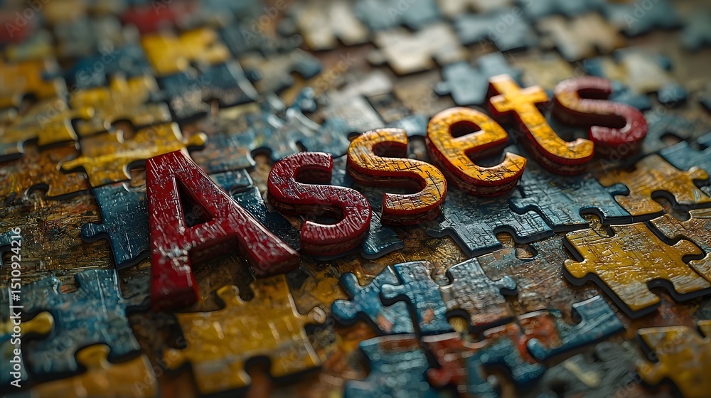 Naklejka premium Puzzle pieces forming the word Assets symbolize business strategy